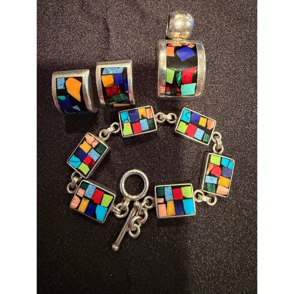 ATI Mexico Jewelry - Mexican Sterling Silver 925 ATI Multi-Stone Inlay Mosaic Toggle Bracelet